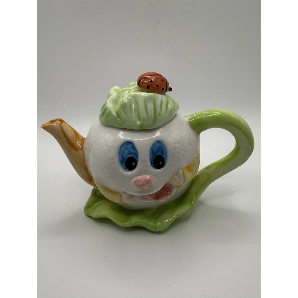 Anthropomorphic Vegetable Face Ceramic Teapot Ladybug Leaf Lid Smiling Goofy
